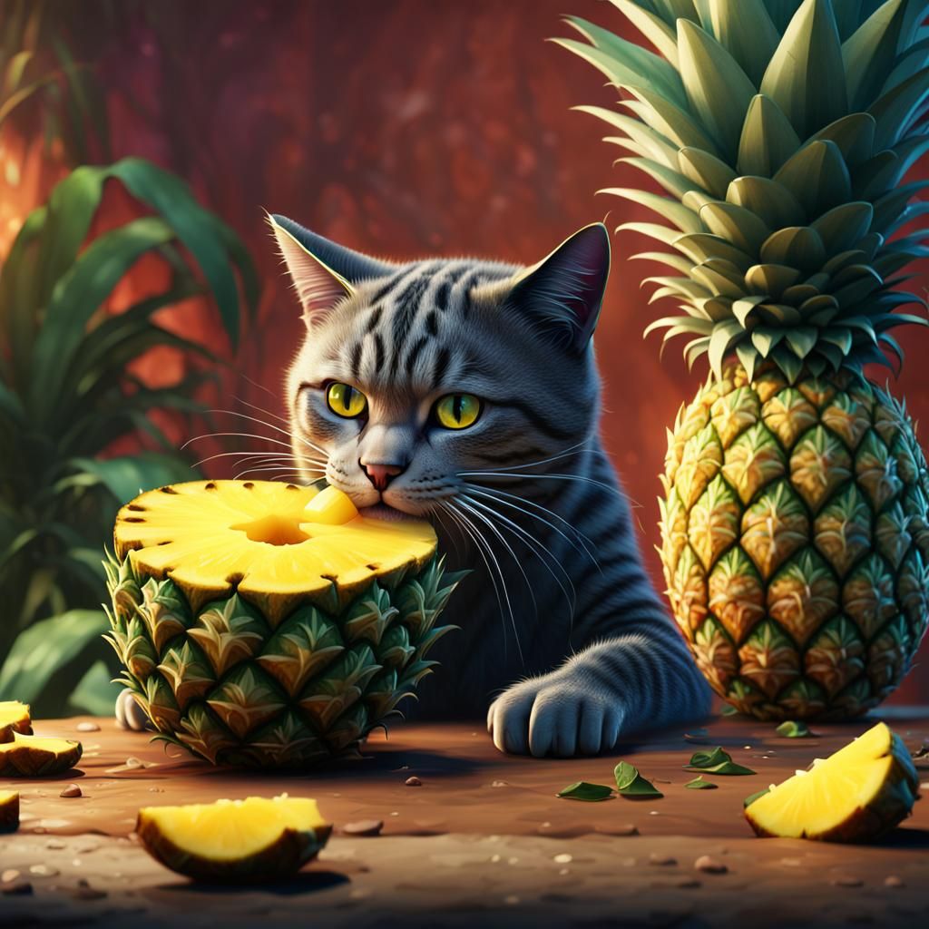 Cat Enjoys Pineapple: Detailed Fantasy Concept Art