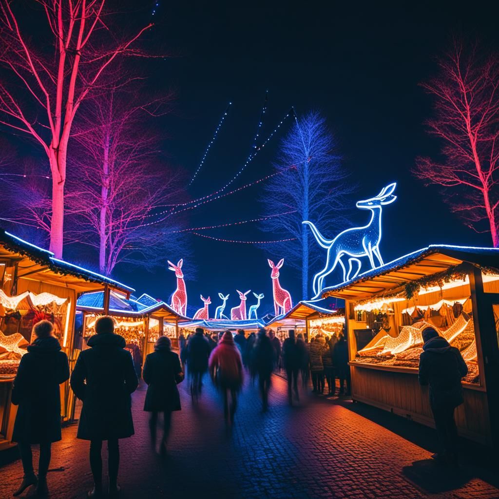 Kangaroos in Neon Lights at Christmas Market