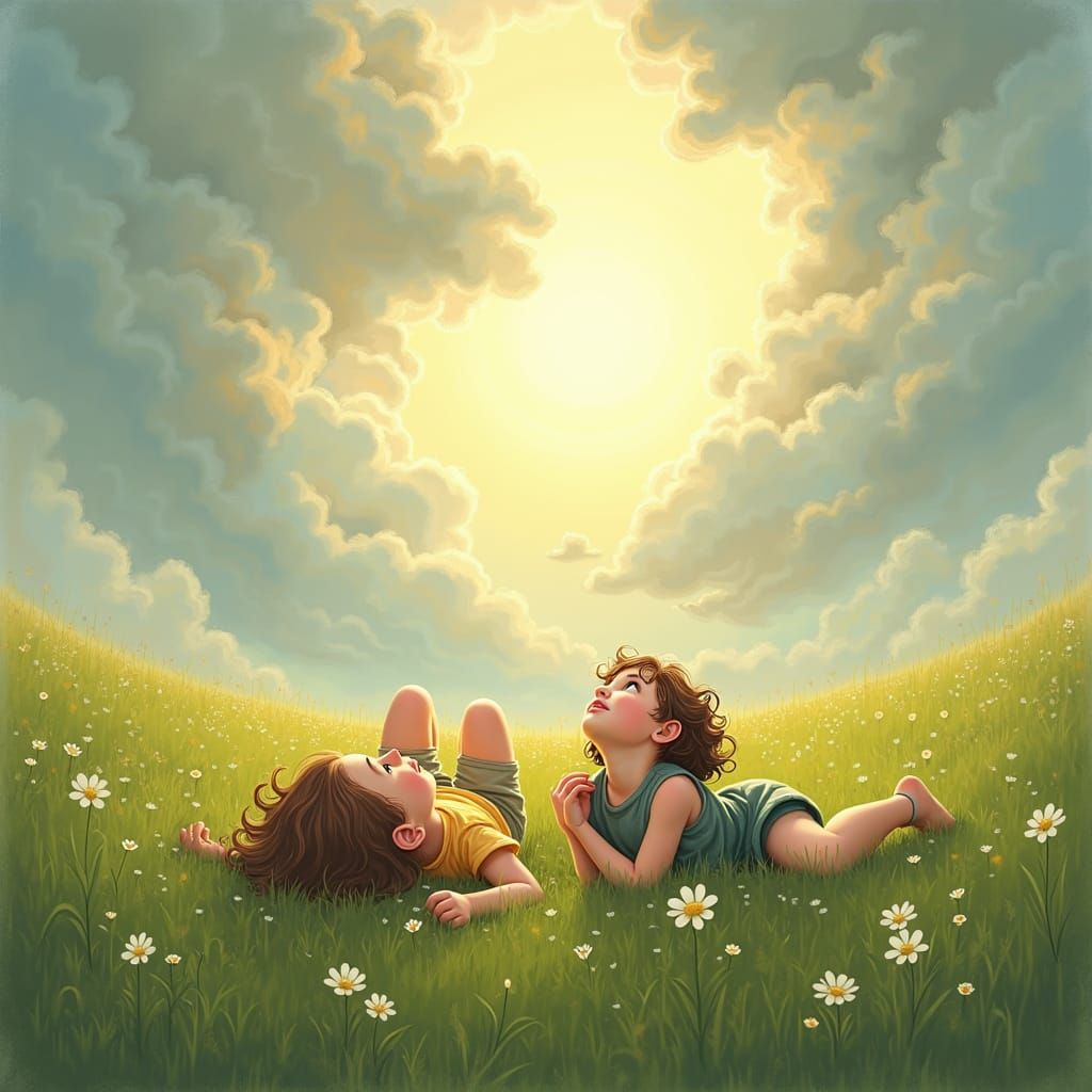 Children Gazing at Ethereal Clouds in Meadow