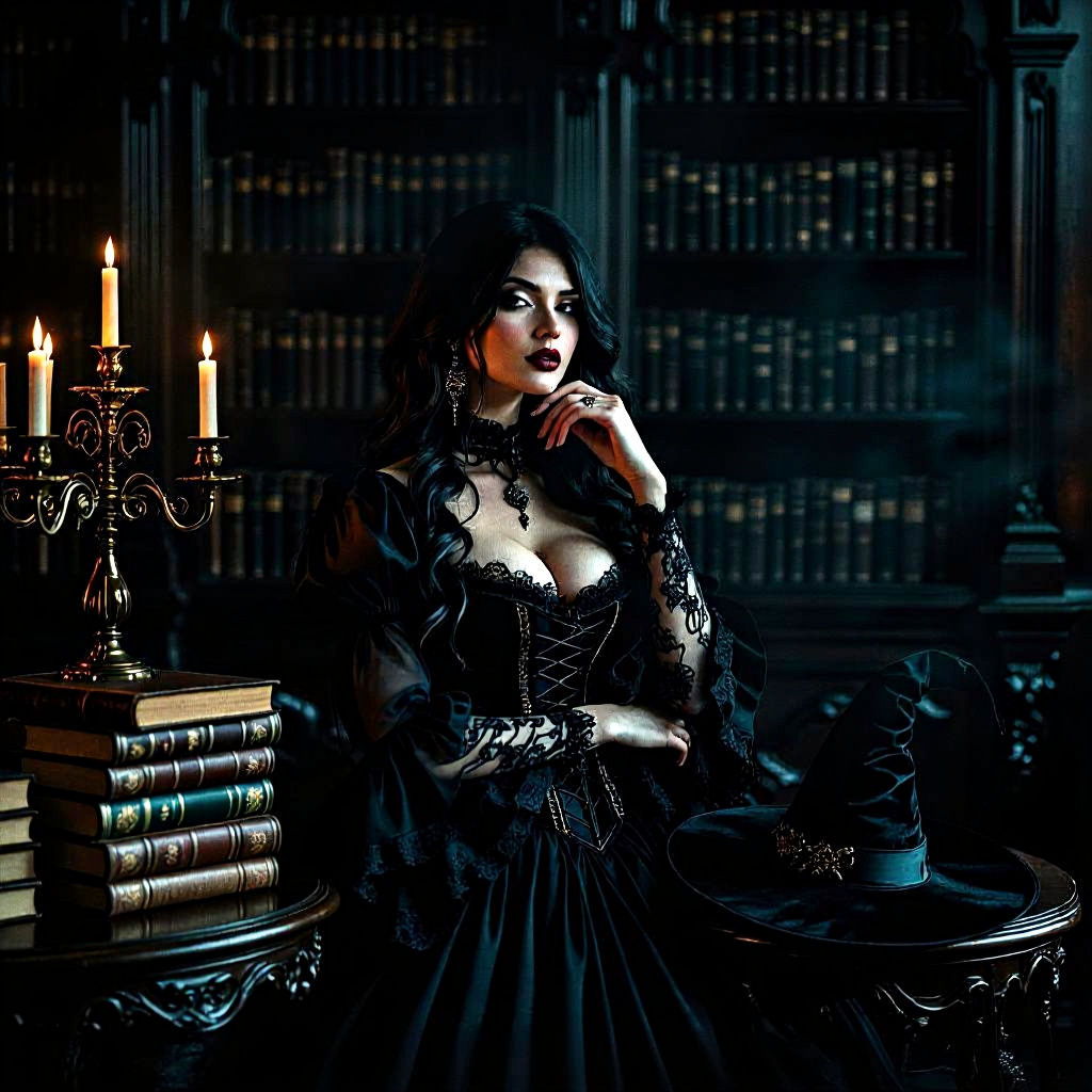 Contemplative Woman in Ornate Victorian Library