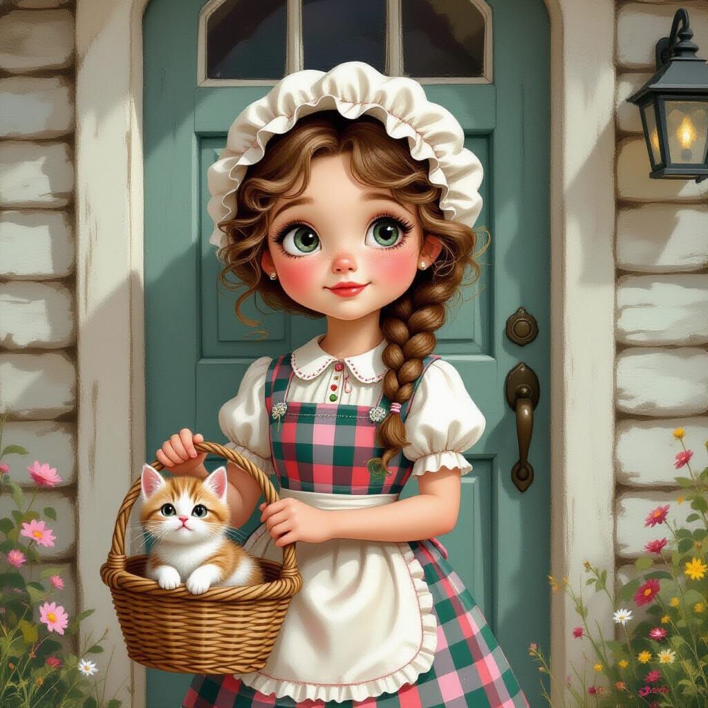 Whimsical Country Girl With Kitten in Pastel Style