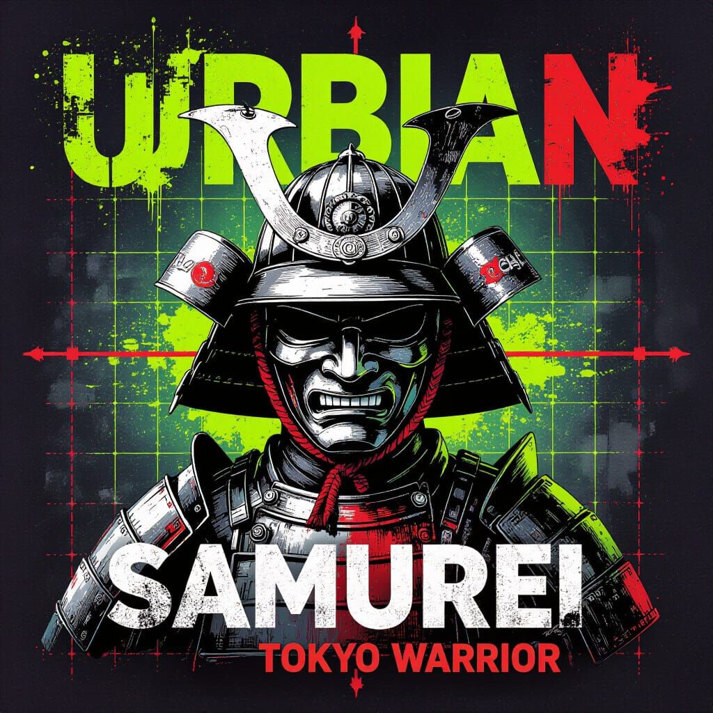 Samurai Helmet on Tokyo City Grid in Gouache Style