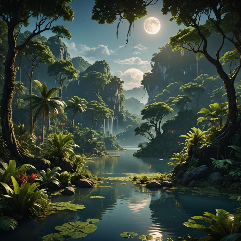 Jungle Lake Moonrise: Fantasy Concept Art