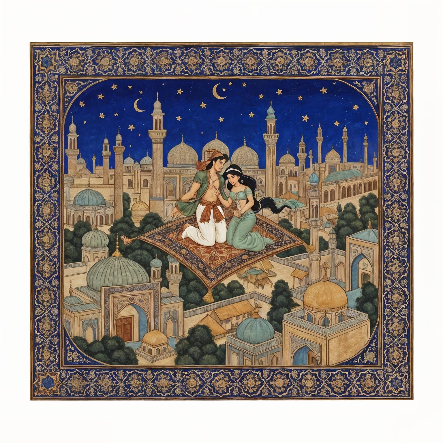 Aladdin and Jasmine Fly Over Agrabah in Persian Miniature St...
