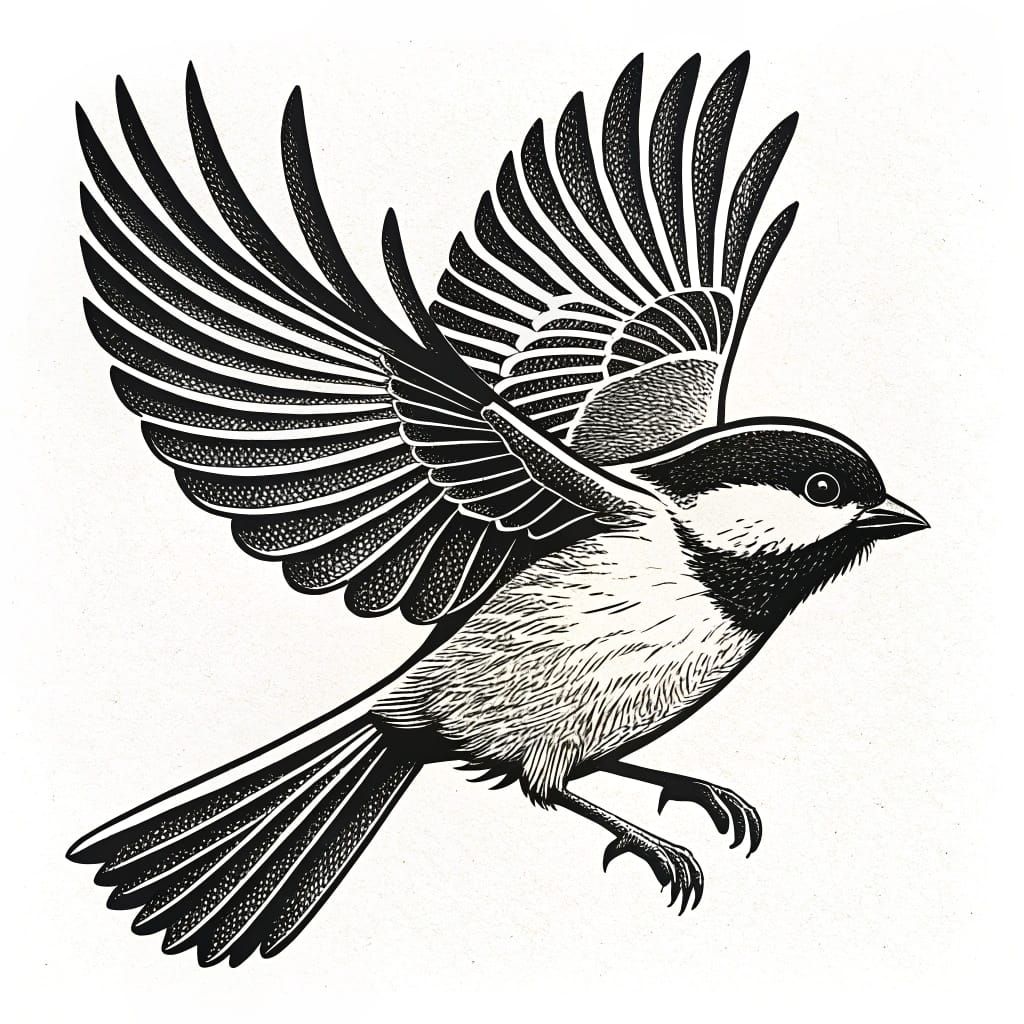 Chickadee in Flight, Woodcut Art