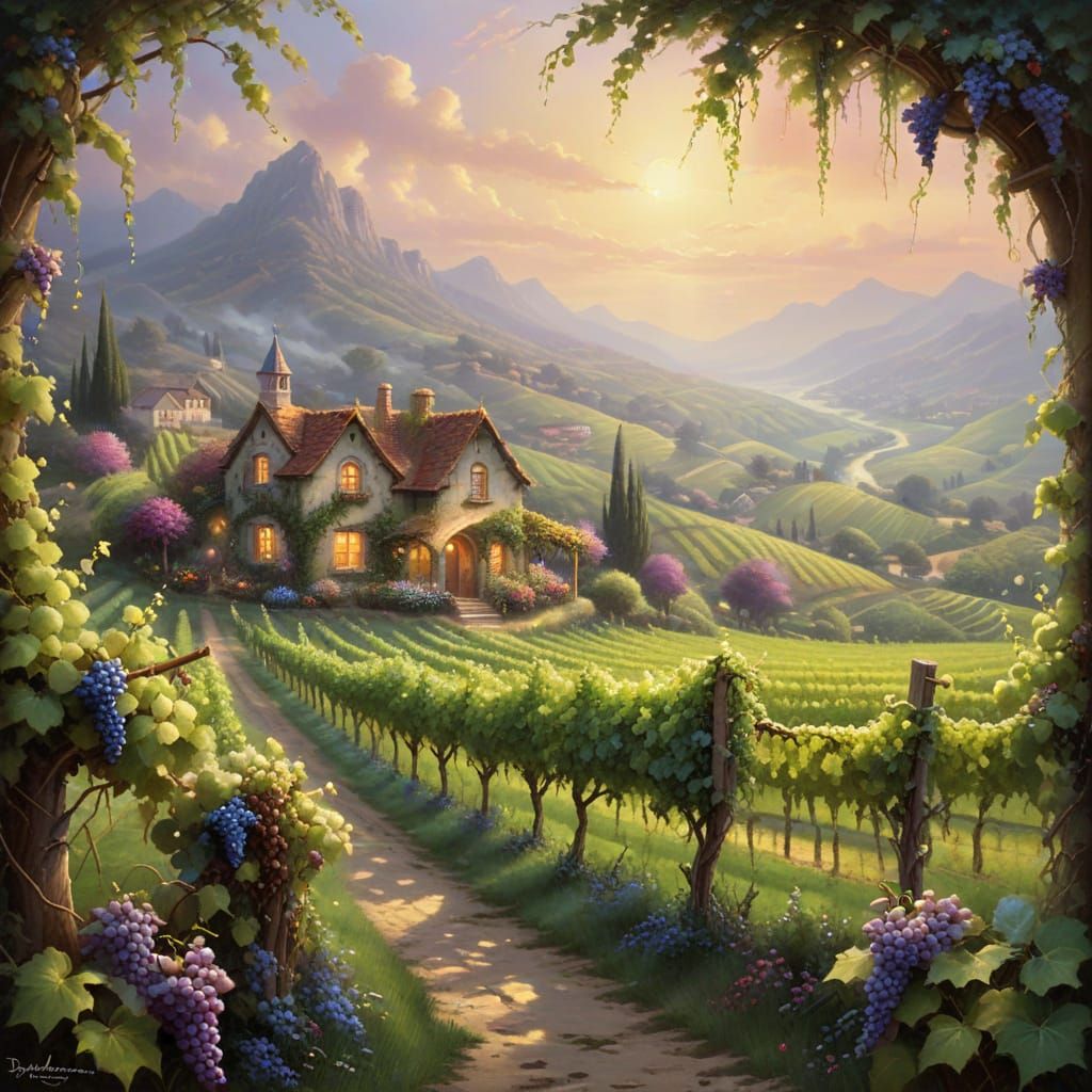 Whimsical Vineyard Scene in Golden Light