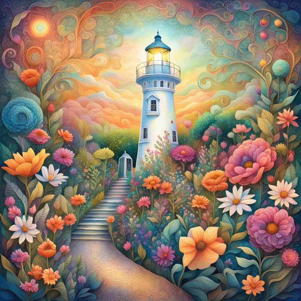 Lighthouse in Astral Garden: A Mixed Media Illustration