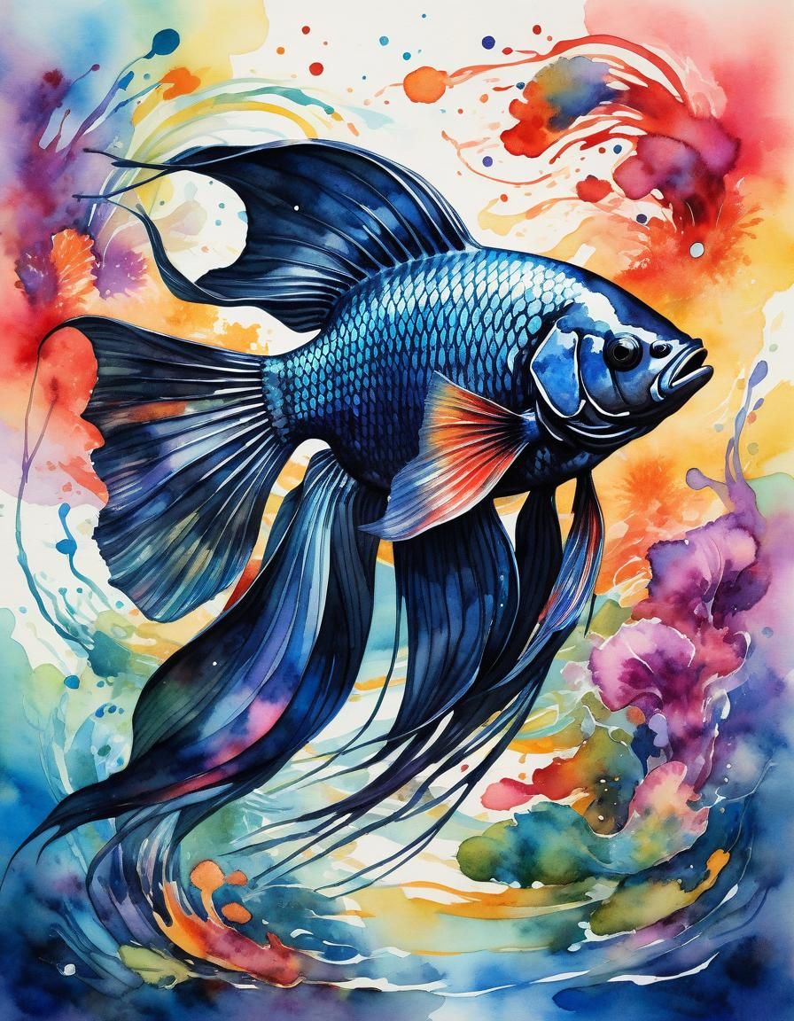Graceful Black Siamese Fighting Fish Watercolor Illustration