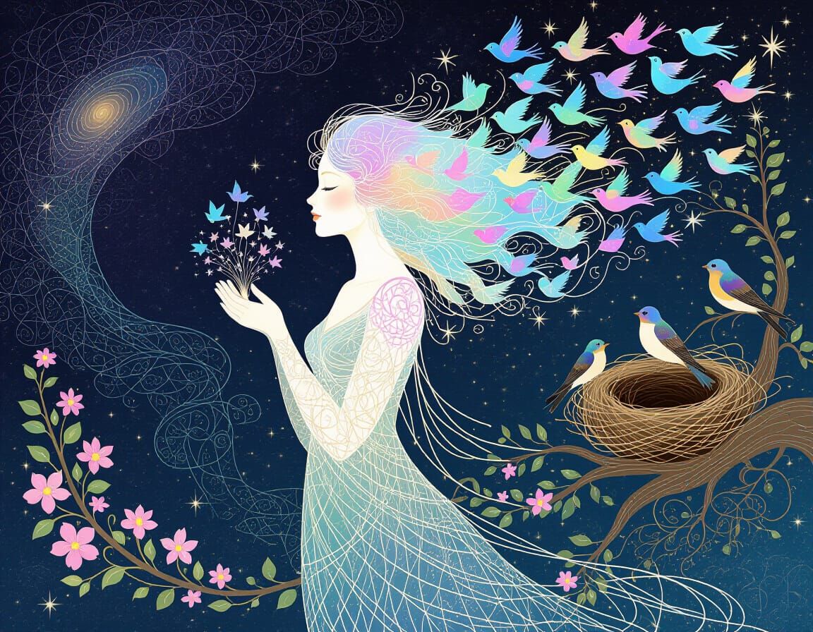 Ethereal Woman Dissolves into Birds Amidst Cosmic Energy