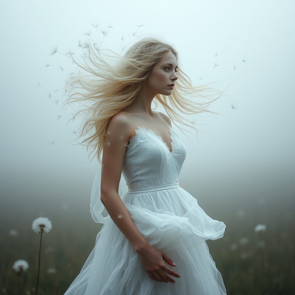 Ethereal Goddess Unfurls Dandelion Seeds of Transformation