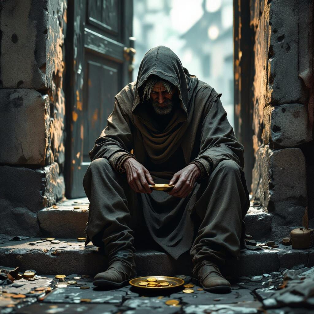 Weary Beggar in Doorway: Cinematic 3D Render