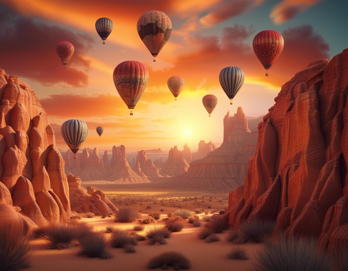 Desert canyon with hot-air balloons