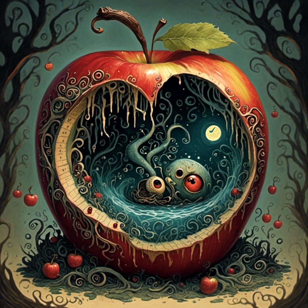 worm inside a hollow apple in the style of <lora:CreepyWaterCritters:0.8>. dark fantasy