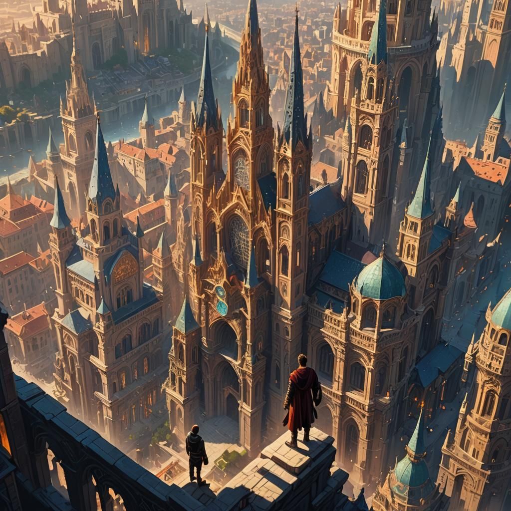 High-Fantasy Cityscape with Ancient Spires and Golden Light