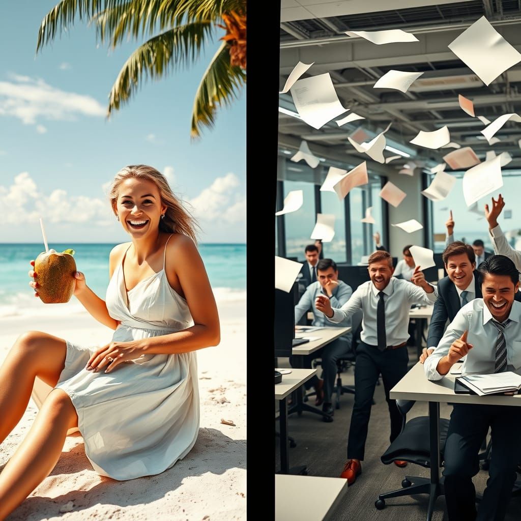 Contrasting Scenes: Beach Relaxation vs. Office Chaos