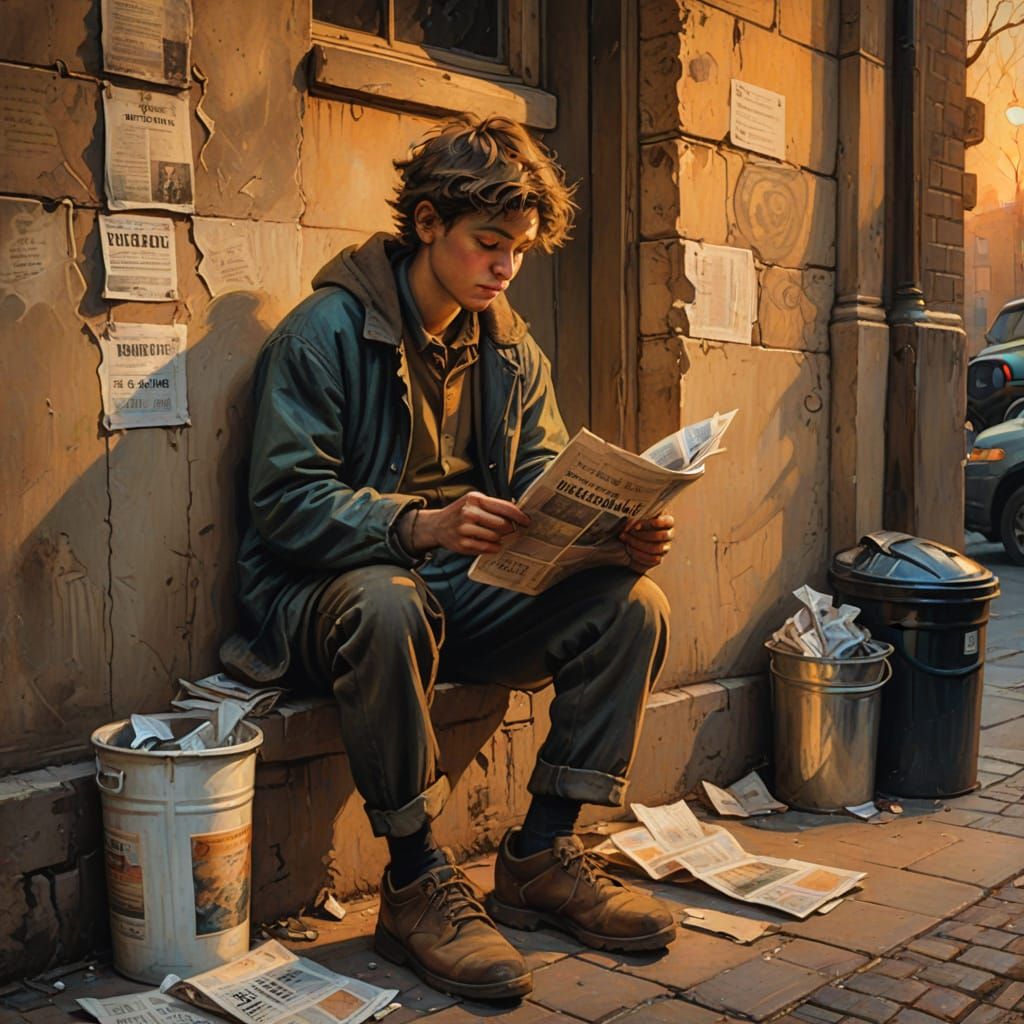 Homeless Boy Reads Newspaper: Vintage Oil Painting