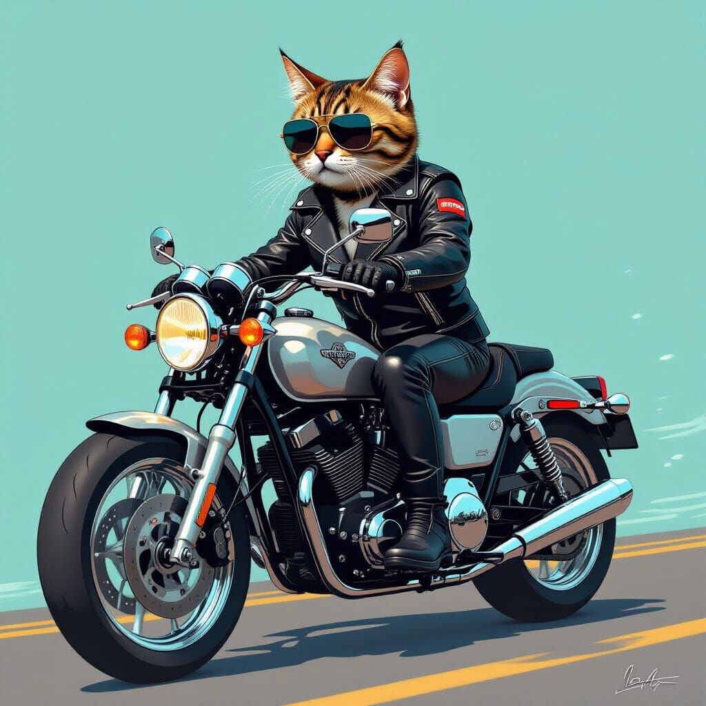 Cat Biker in Leather Outfit and Sunglasses