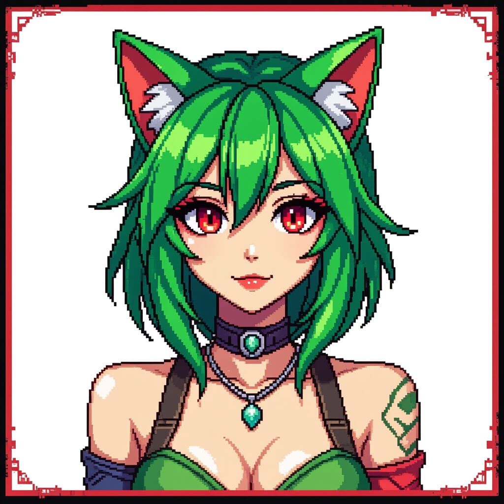 Kawaii Green Haired Cat Woman Goddess in 8-Bit Borderlands S...