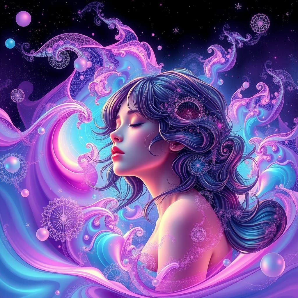 Dreamlike Melody Siren in Vibrant Fractal Waves