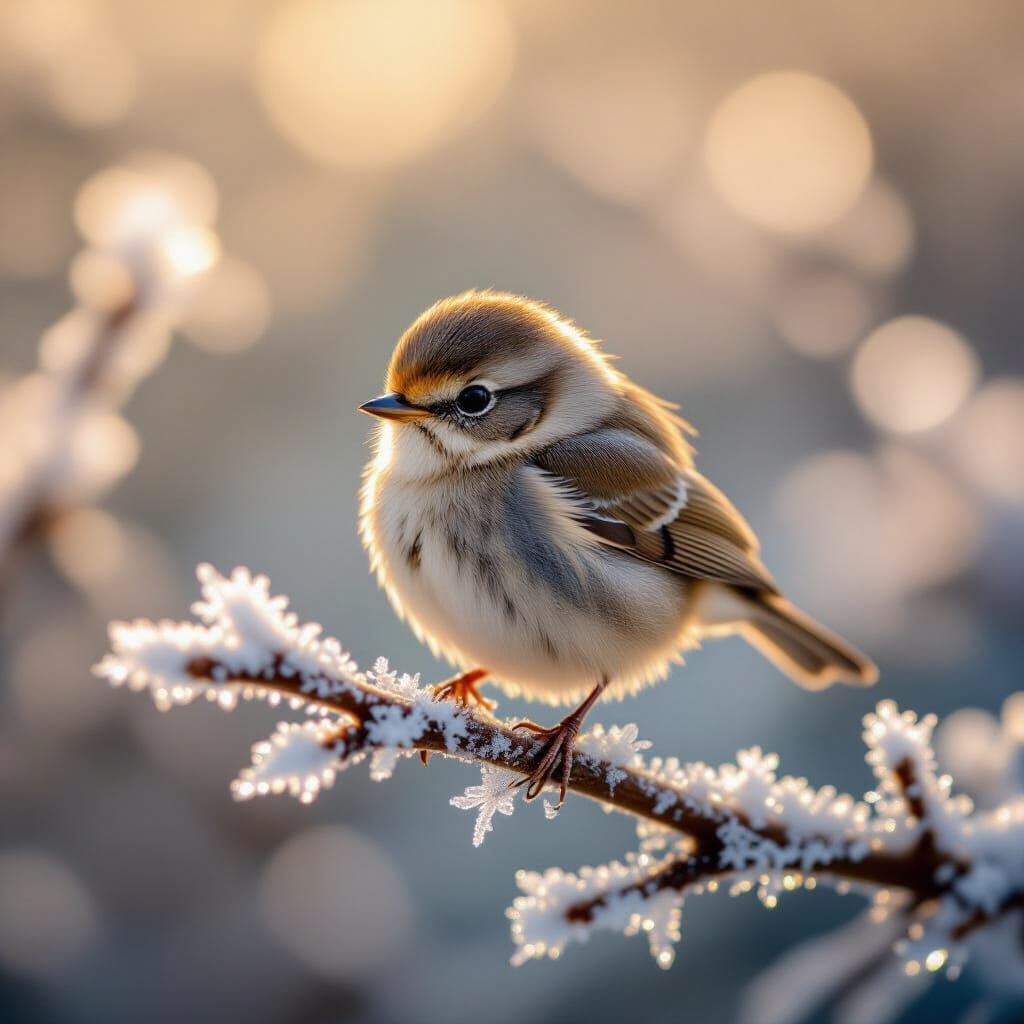Macro Photo: Tiny Bird on Frosty Twig in Golden Light