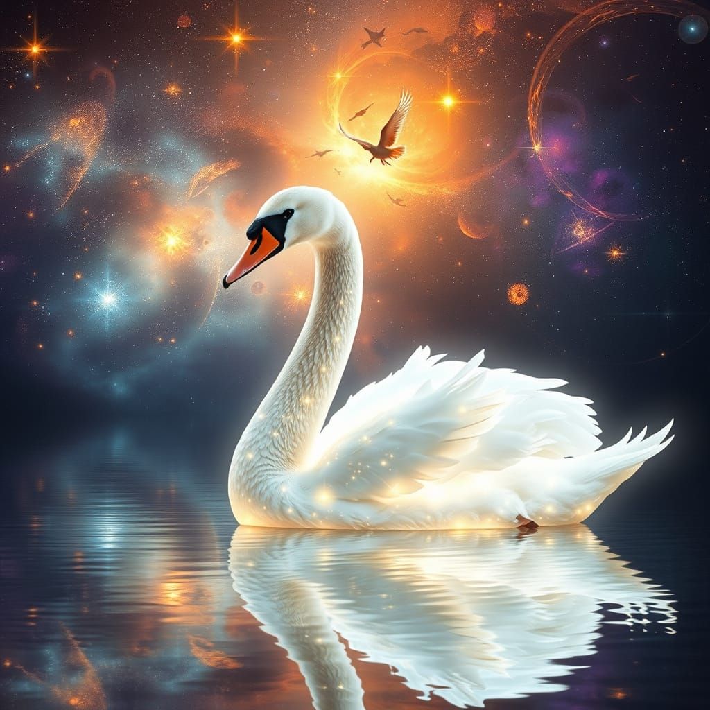 Celestial Swan Reflects the Cosmos in Hyperreal Style