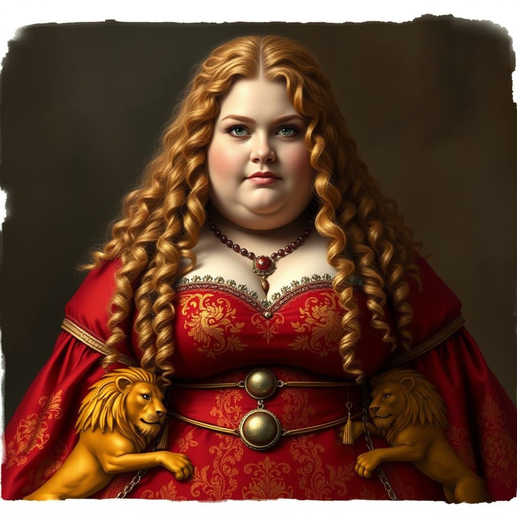 Medieval Princess in Opulent Red-Golden Dress