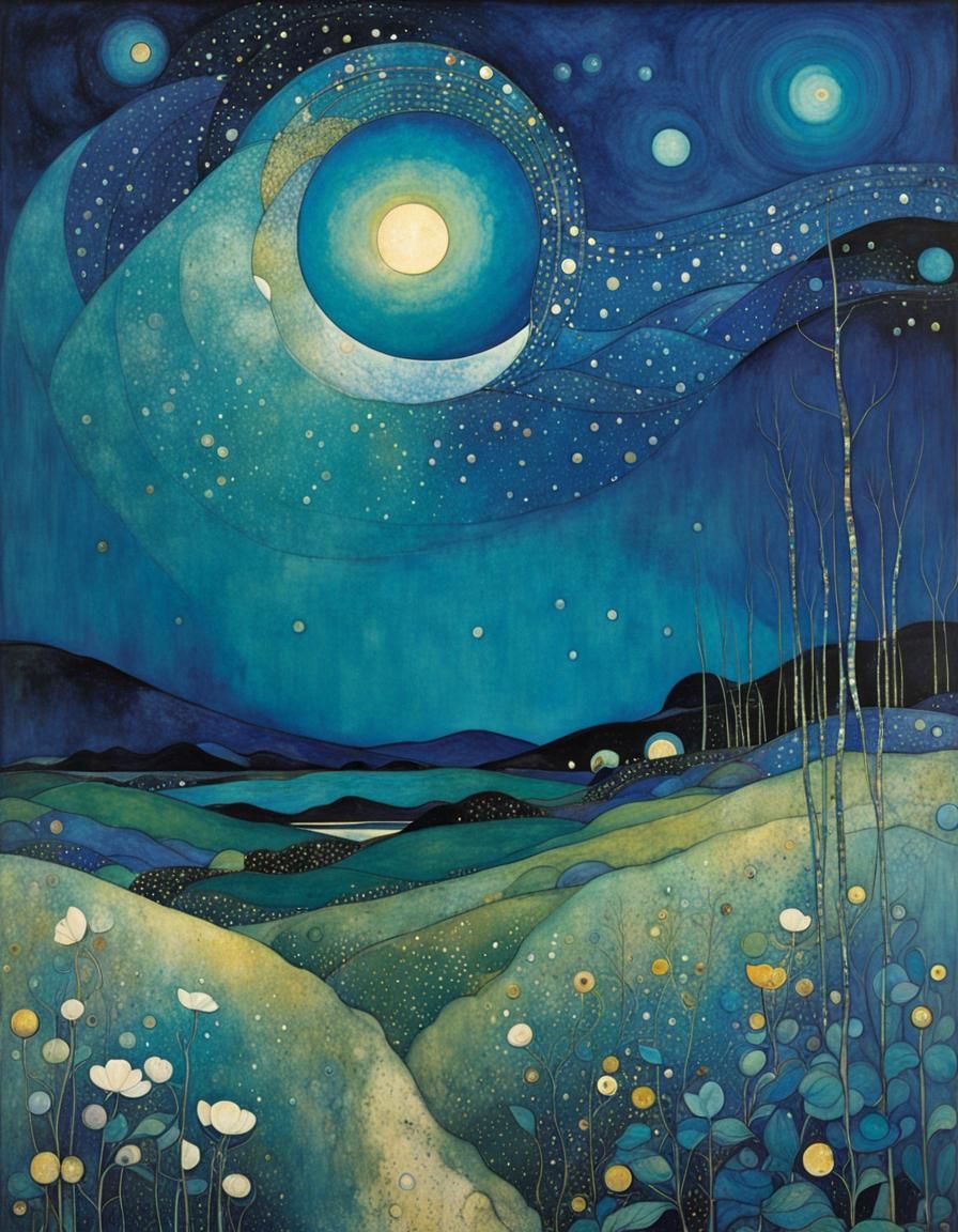 Aqua Starry Night Sky in Art Nouveau Style