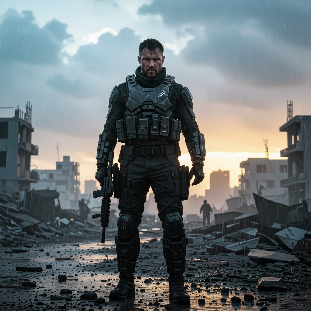 Human Soldier in War-Torn City