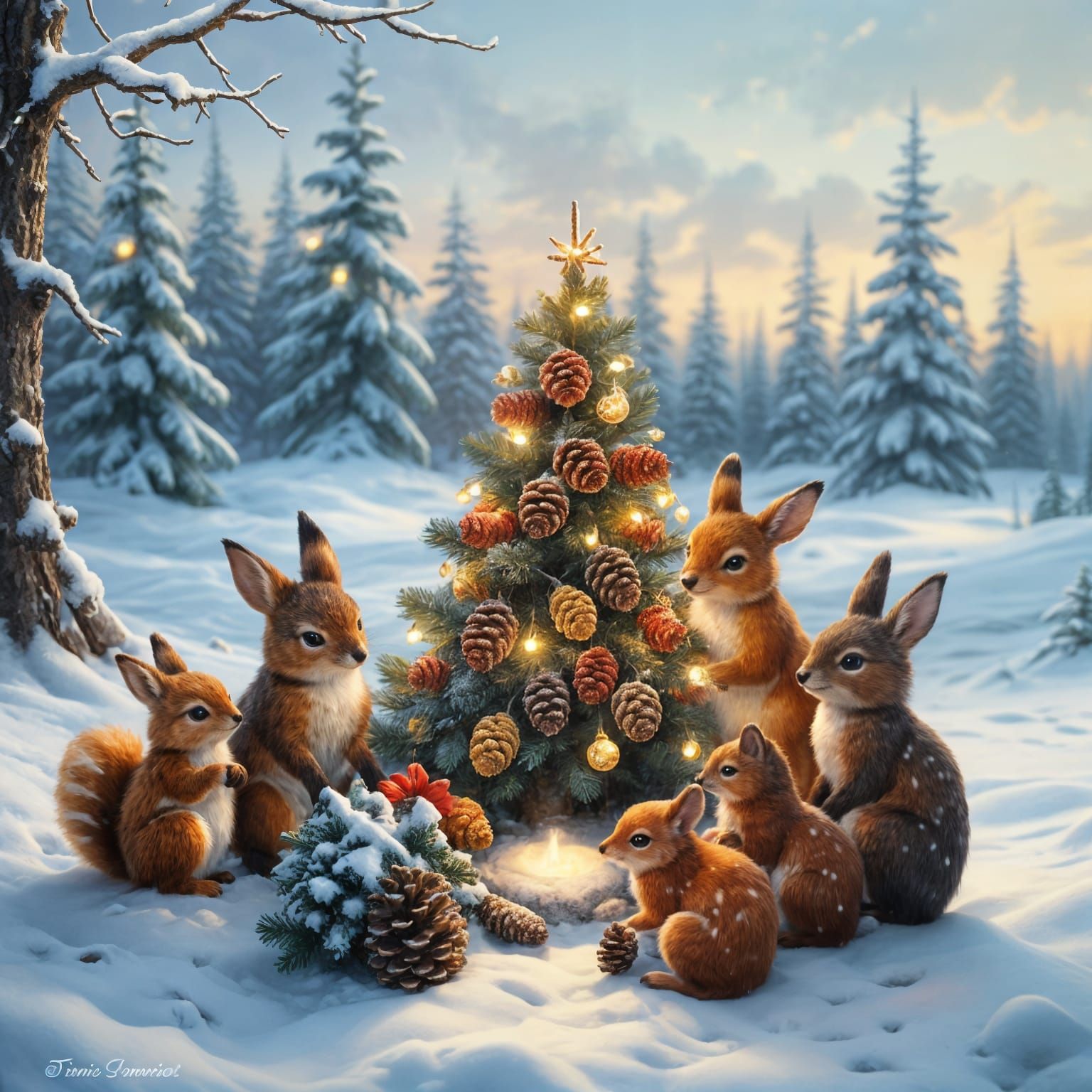 Woodland Christmas Scene in Whimsical Style