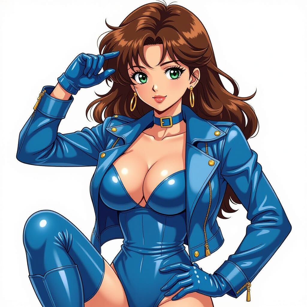 Anime Woman in Blue Latex Swimsuit & Leather Jacket