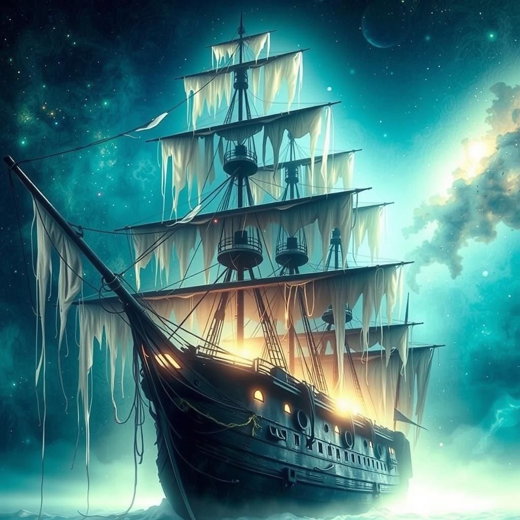 Ethereal Ghost Ship Sails Crystal Ocean