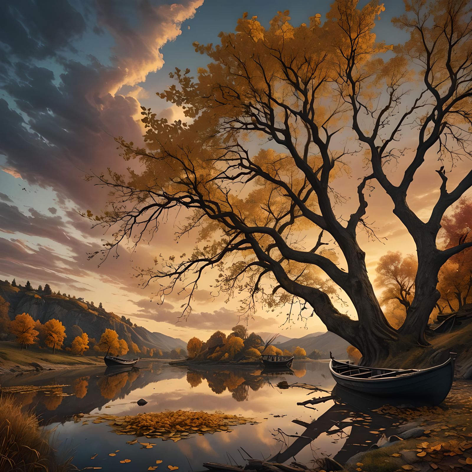Sunset River Scene with Boat in Detailed Matte Painting