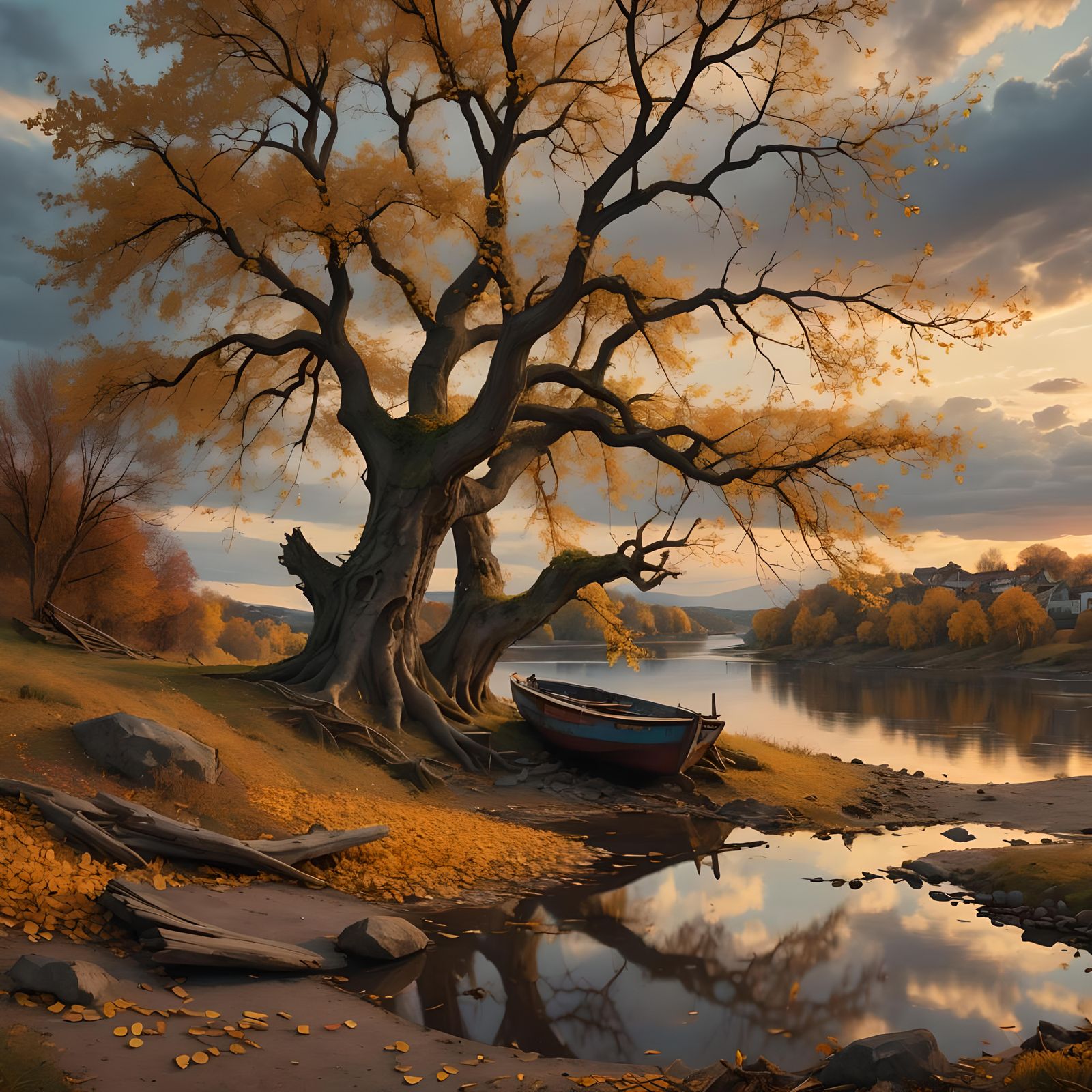 Sunset Tree with Abandoned Boat in Detailed Matte Painting