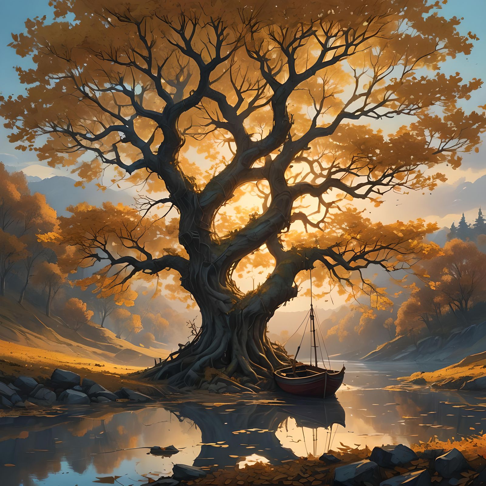 Sunset River Tree with Abandoned Boat