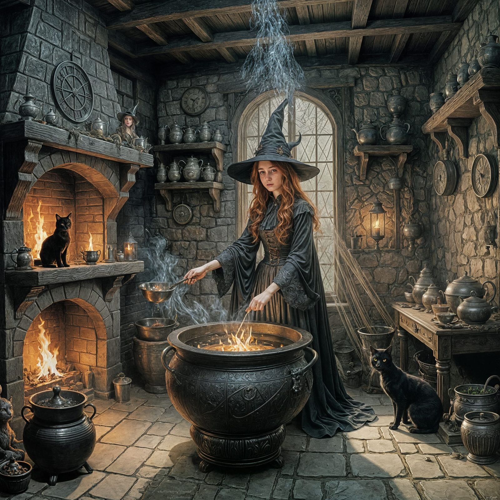 Young Witch Stirs Cauldron in Gothic Cottage