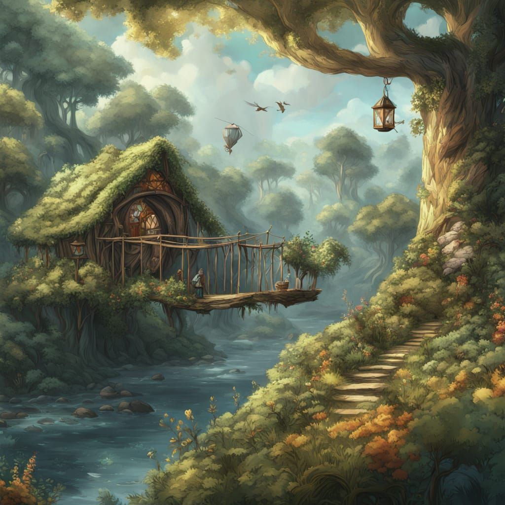 Sentient Sloth Village in Ancient Tree, Watercolor Style