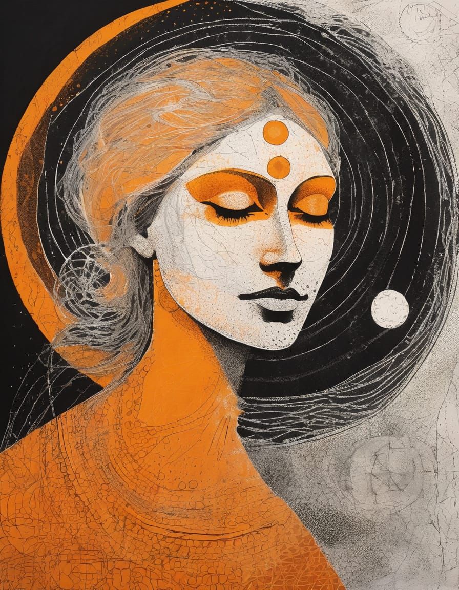 Medieval Woman's Face in Solar Eclipse Monotype