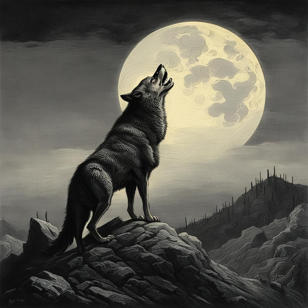 Wolf Howling at Moon in Gothic Horror Style