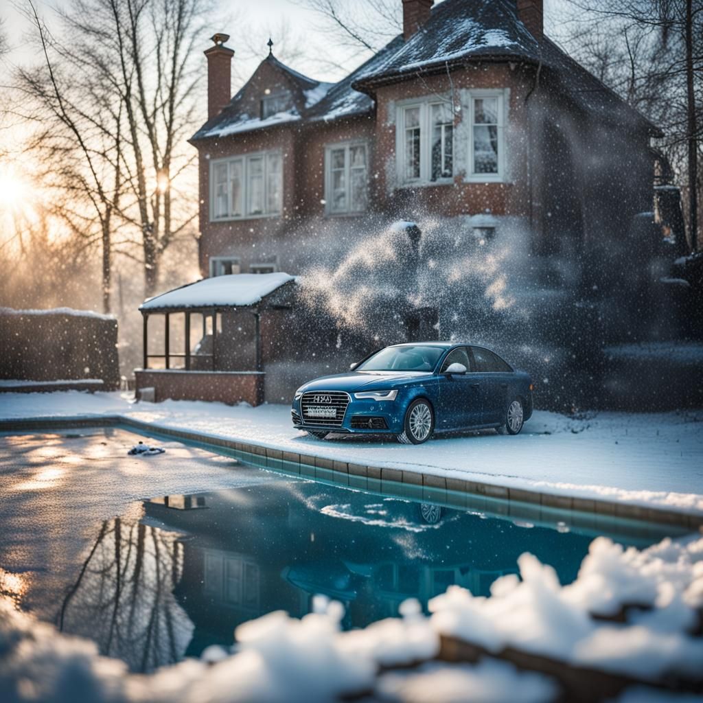 Icy Spring: Burning Car by Poolside