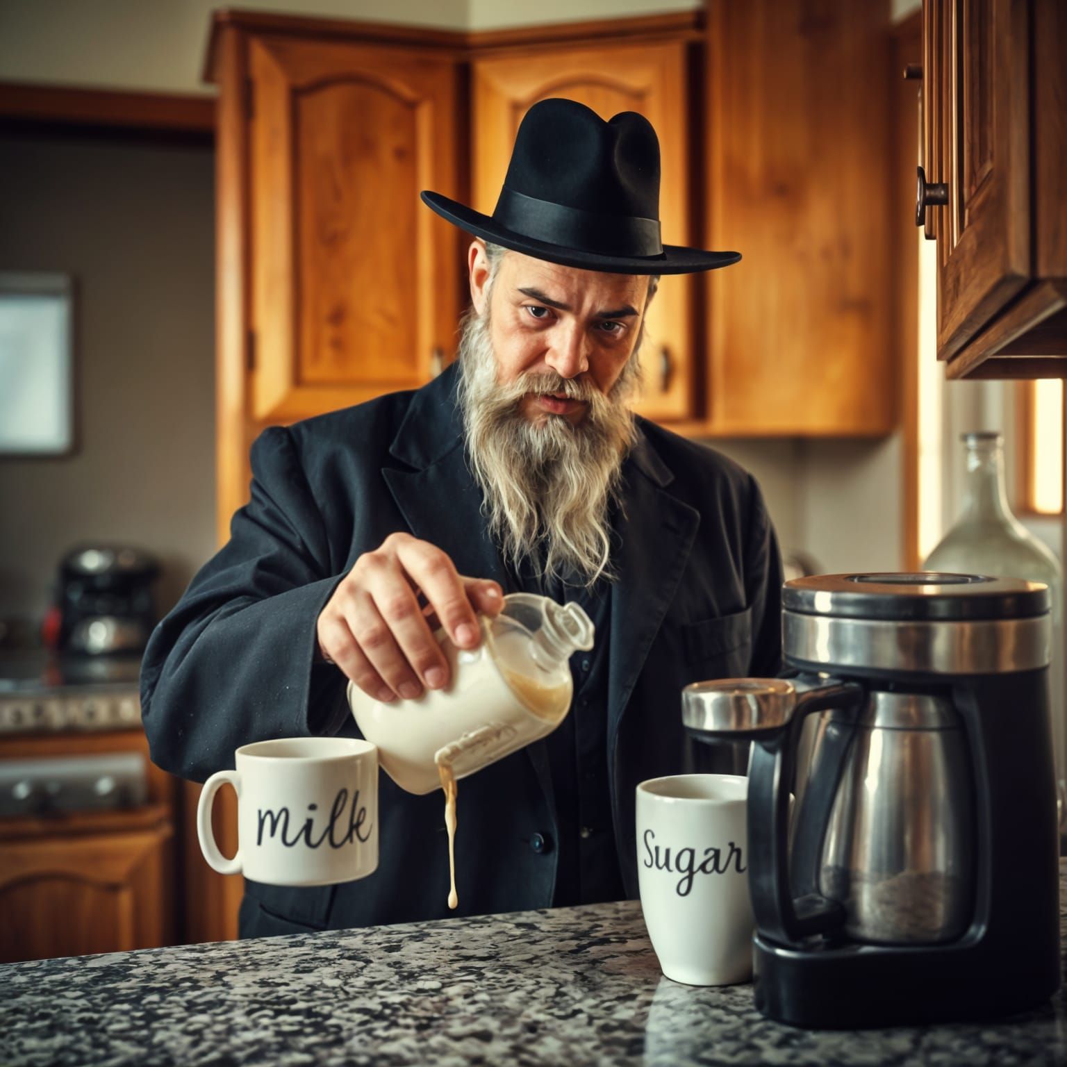 Humorous Image of Hasidic Man Making Coffee
