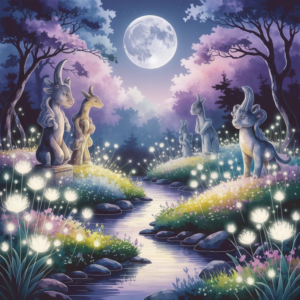 Moonlit Garden with Bioluminescent Flowers as Watercolor