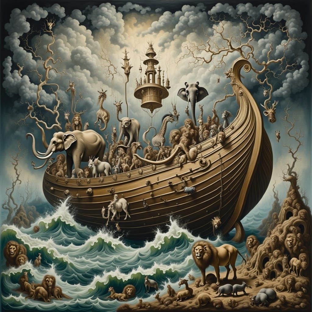 Noah's Ark in Surreal Ink Wash Style