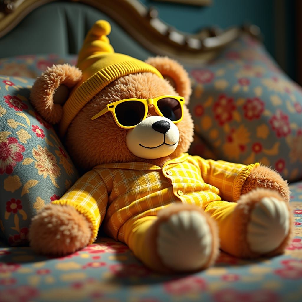 Teddy Bear in Yellow Pajamas on French Bed