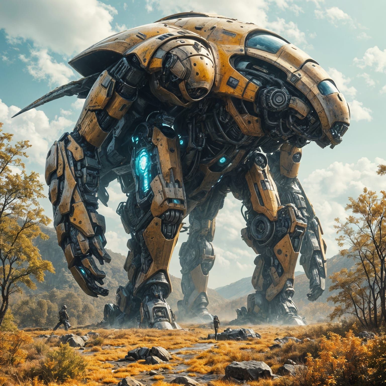 Colossal Mecha in Autumn Clearing with Pilot