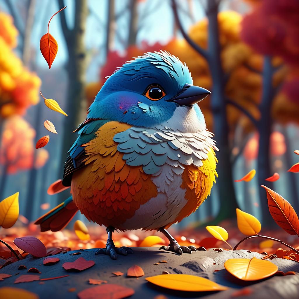 Fluffy Bird in Autumn Forest: 3D Rendered Art