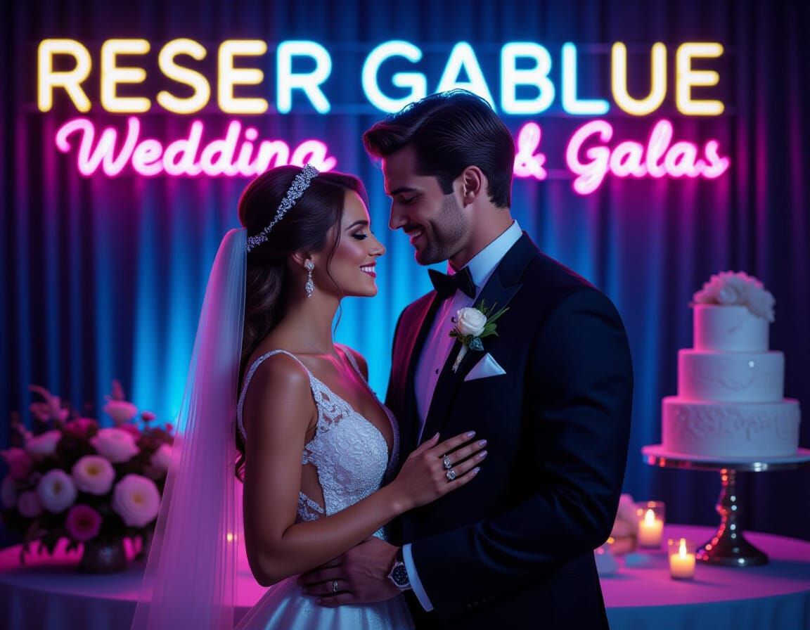 Neon Wedding Sign in 1980s Photographic Style