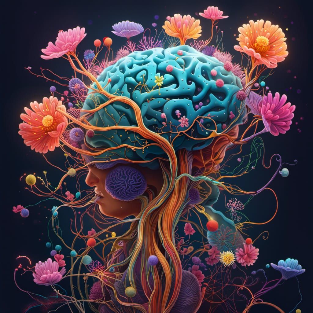 Microscopic Nerve Cell with Fantasy Floral Elements