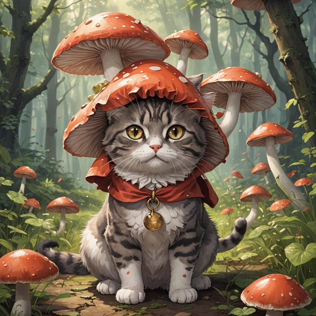 Cat in Anime Style Wearing a Mushroom