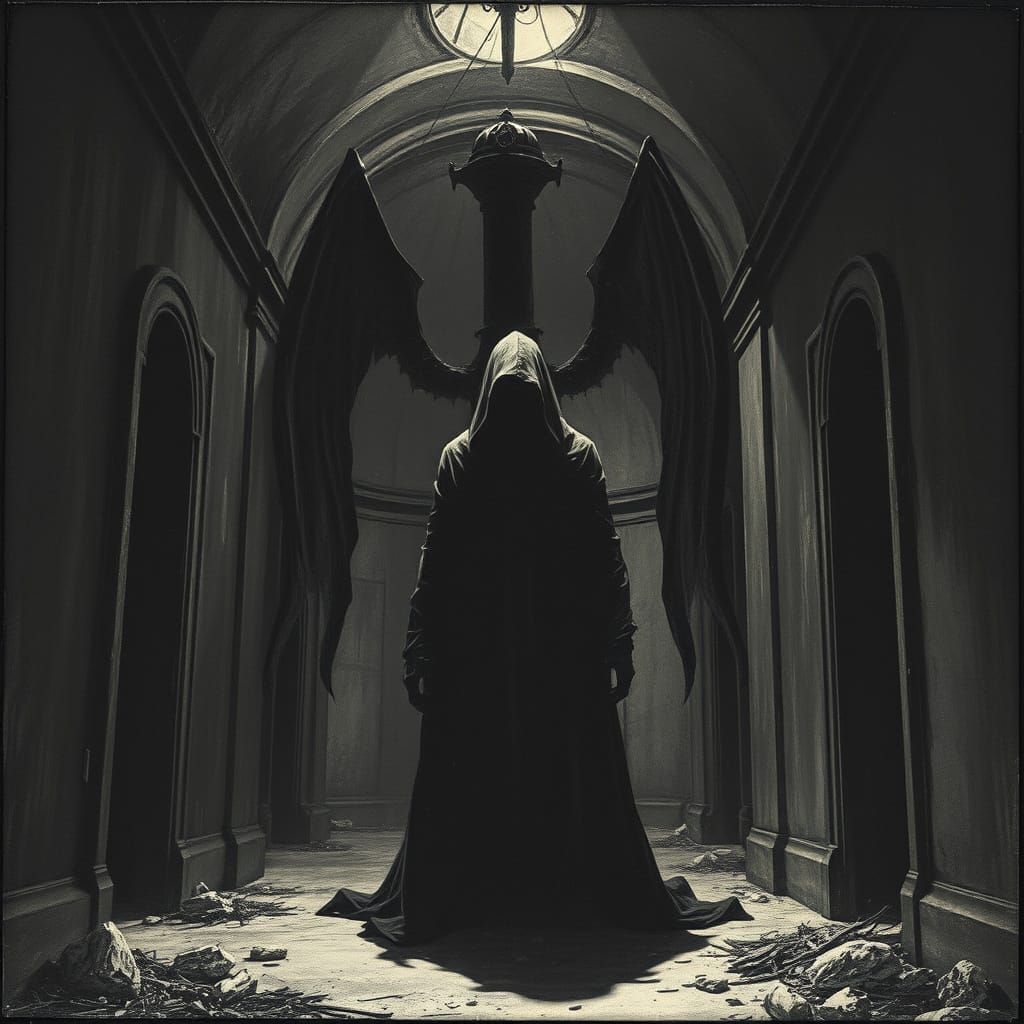 Eerie Gothic Figure in Abandoned Asylum