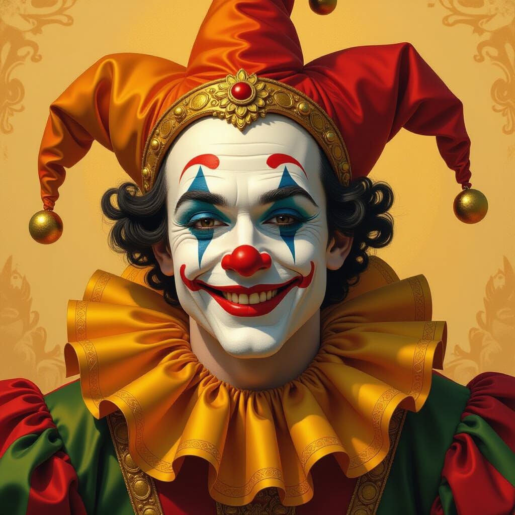 Jester's Face in Ornate Clothing: Botticelli-Inspired Oil Pa...